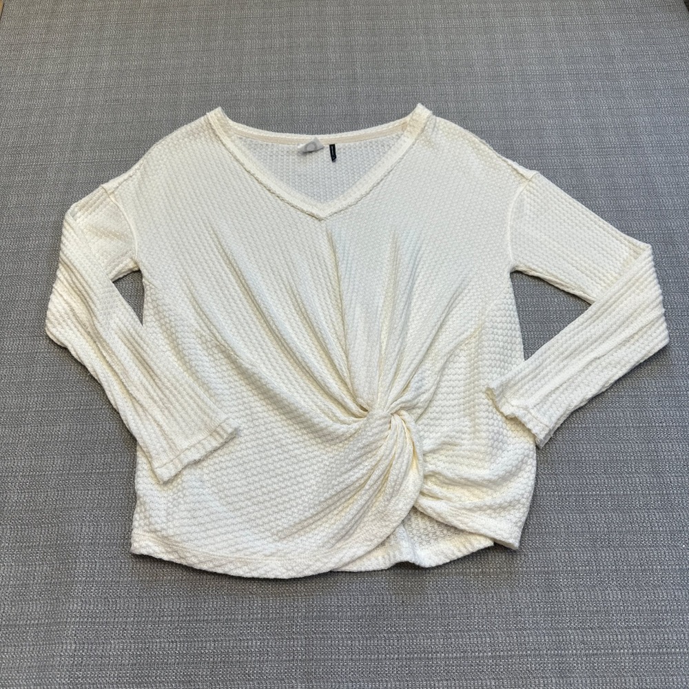 AKEMI + KIN Anthropologie Shirt XS Ivory Waffle Knit Twist Front Soft Cozy